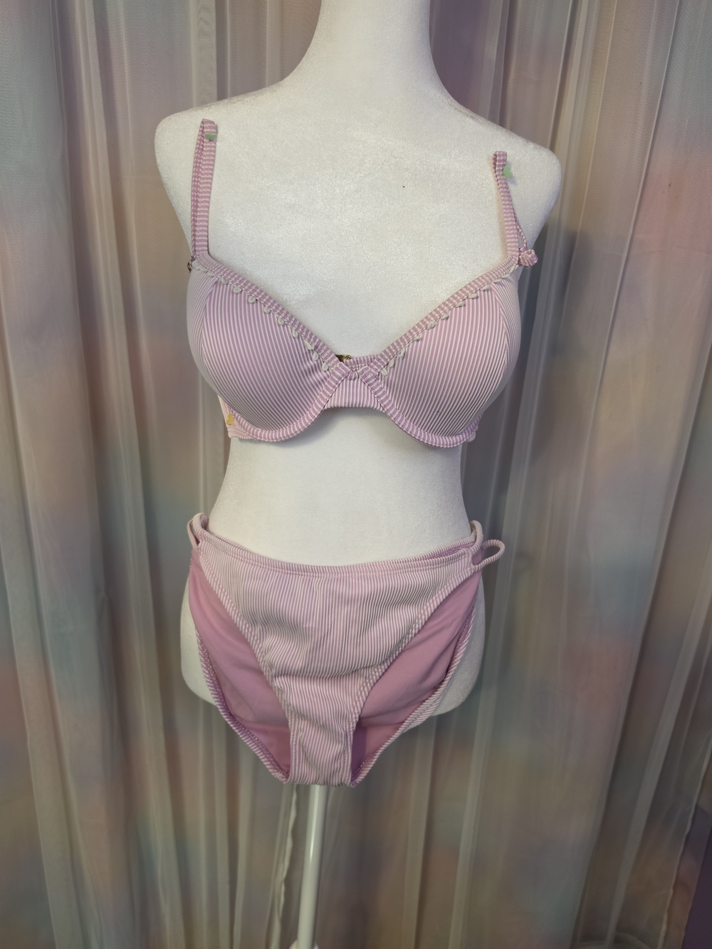 Decree Pink White Ribbed Striped Push Up Underwire Bikini Set Size Medium